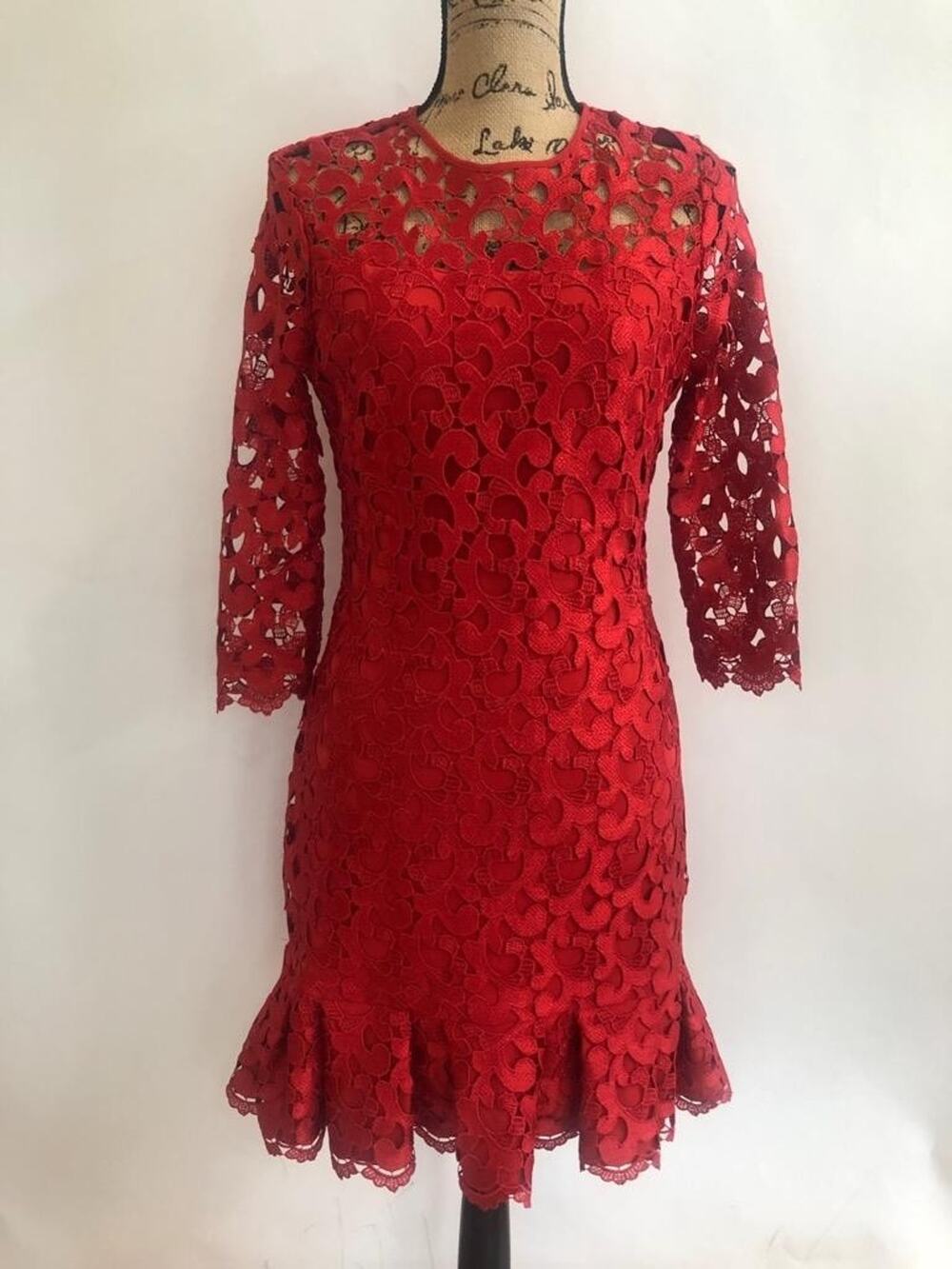 Anne Fontaine red Lace 3/4 Sleeve Cocktail Dress size 8 (DR100